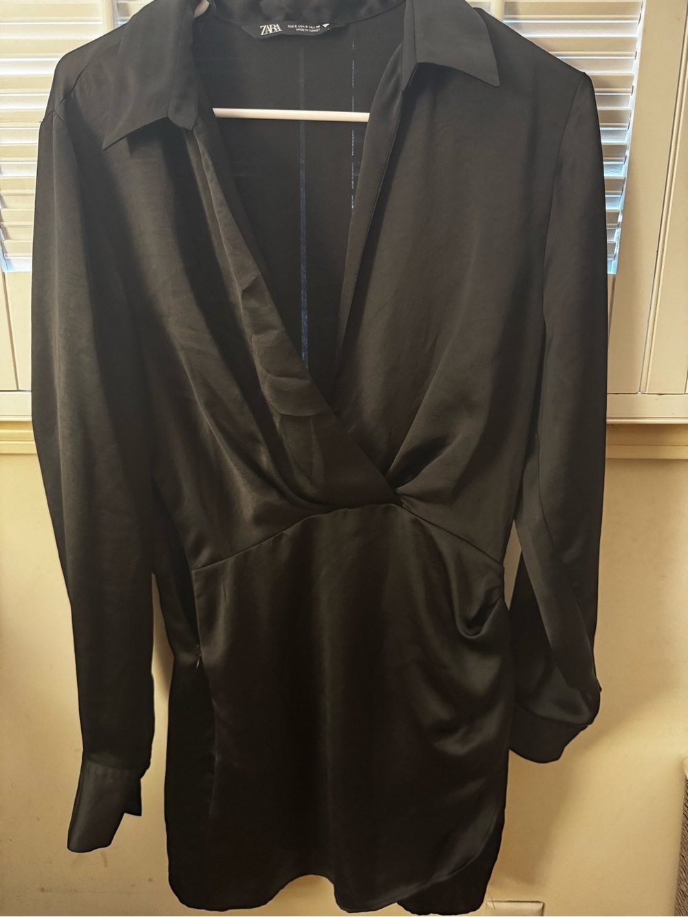 Zara Black Satin Wrap-Style Long Sleeve Dress